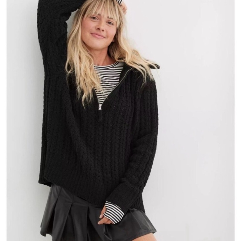 Aerie Black Cable Knit Sweater with 1/4 Zip